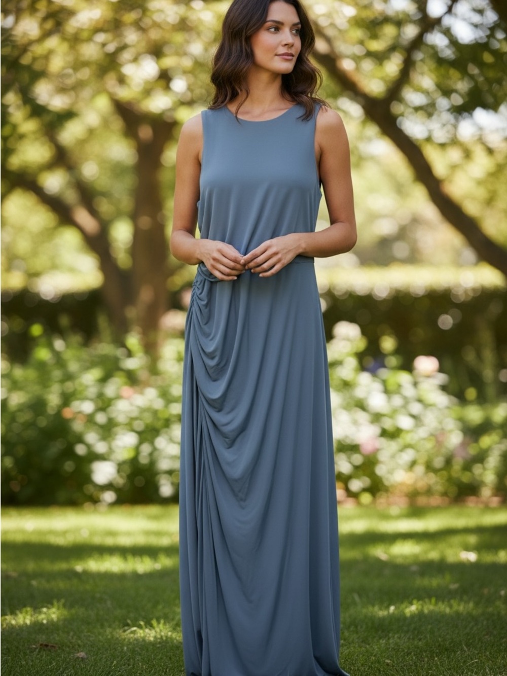 H by Halston Slate Blue Sleeveless Draped Maxi Dress